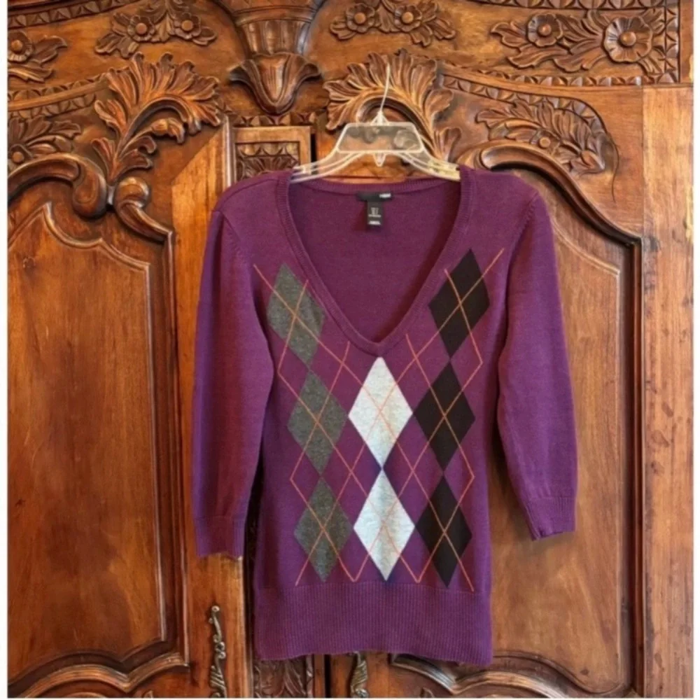 Vintage Argyle Sweater Knit 90s Y2K Pattern V-Neck Jumper Purple Gray Size Small